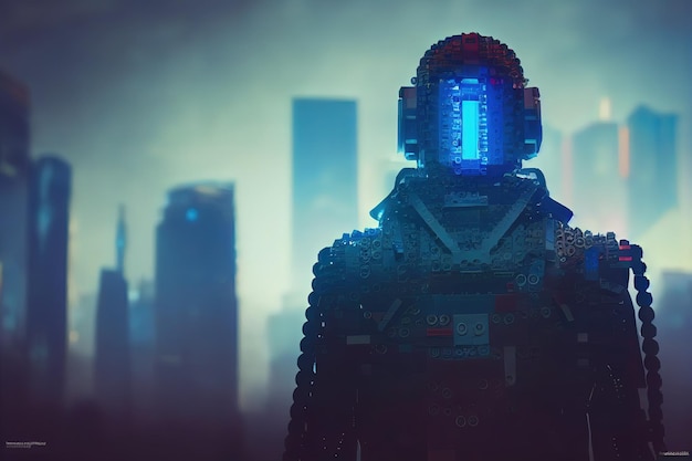 Cyberpunkowy żołnierz lego z ciałem konstruktora lego Cyberpunk metaverse Nocne tło miasta