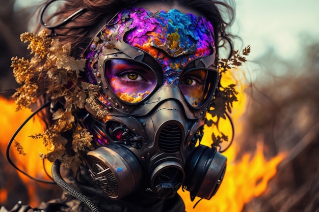 Cyborg futurystyczna kobieta fantasy z twarzą metalową maską na tle natury generatywnej ai