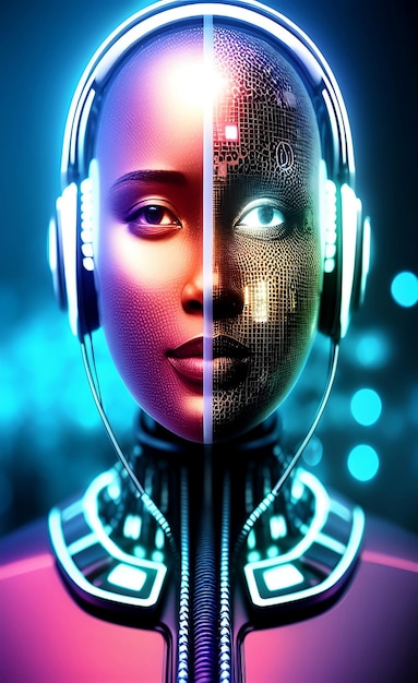 Cyborg futurystyczna kobieta ze słuchawkami AI generatywne