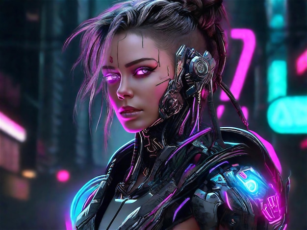 Cyborg girl Piękna cyberpunkowa dziewczyna stoi na tle nocnego miasta przyszłości