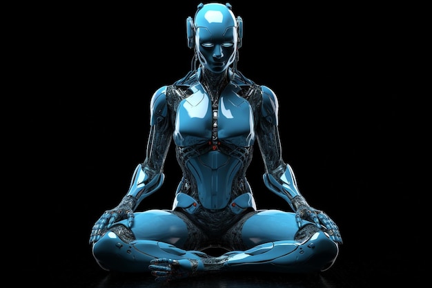 Cyborg kobieta siedzi w pozycji lotosu renderowania 3D generatywnego ai