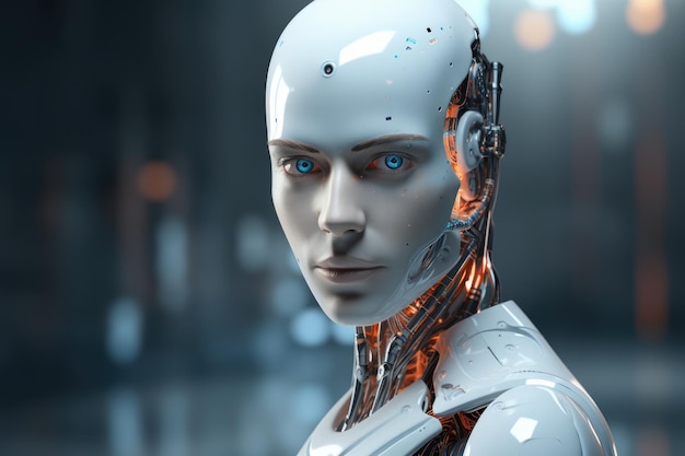 Cyborg kobieta w futurystycznej cyberprzestrzeni 3D renderowanie nowoczesny robot AI w portretie z bliska na tle cyfrowym AI generowany