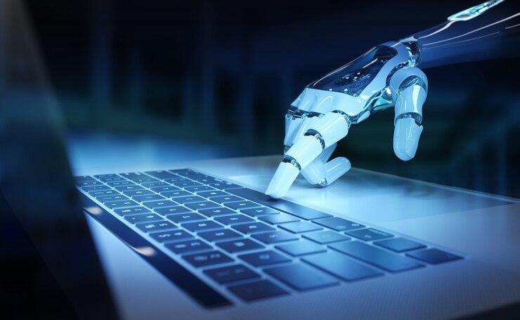 Zdjęcie cyborg ręka naciska klawiaturę na laptopie renderingu 3d