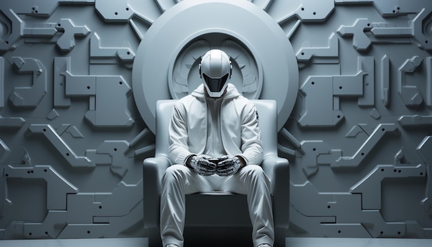 Cyborg siedzący na krześle przed futurystycznym interfejsem