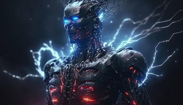 Cyborg Sztuczna inteligencja ze świecącymi oczami i fizycznym metalowym ciałem Robotic Generative AI