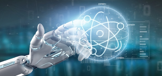 Cyborg trzyma ikonę atomu otoczoną danymi