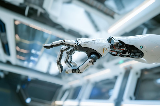 Cyborg wskazujący ręką robot sztuczna inteligencja wysoka technologia