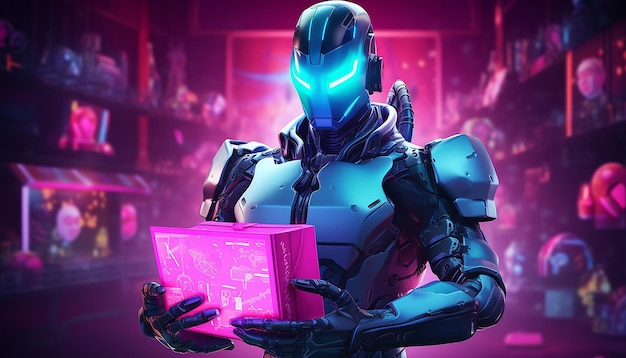 Cyborg z prezentami w Cyberponiedziałek w świetle neonu
