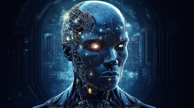 Cyborg ze świecącym mózgiem Koncepcja sztucznej inteligencji