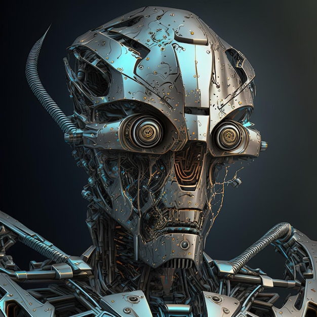 Cyborg ze sztuczną inteligencją z zaawansowaną technologią metalowego szkieletu ze skomplikowanymi częściami Generative Ai