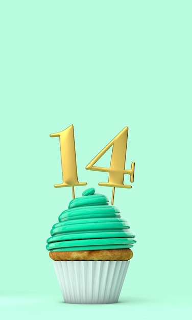 Cyfra 14 miętowo-zielona urodzinowa babeczka 3D Rendering