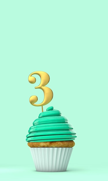 Cyfra 3 miętowo-zielona urodzinowa babeczka 3D Rendering