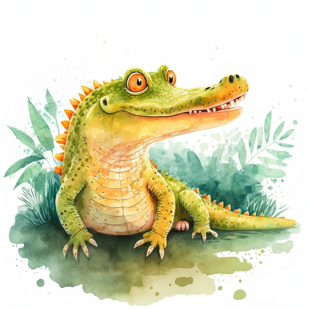 Cyfrowa akwarela. Ilustracja kreskówka tropikalnych zwierząt krokodyla