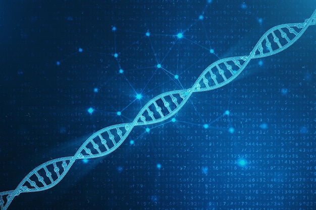 Cyfrowa cząsteczka DNA, struktura. Koncepcja kodu binarnego genomu ludzkiego. Cząsteczka DNA ze zmodyfikowanymi genami. ilustracja 3D