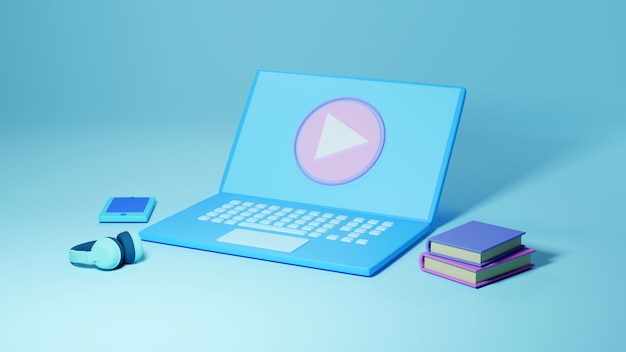 Zdjęcie cyfrowa edukacja online, minimalny notatnik i książki na niebiesko