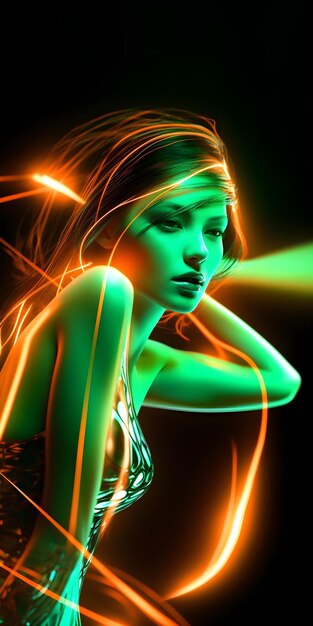 Cyfrowa grafika przedstawiająca kobietę z neonami na twarzy