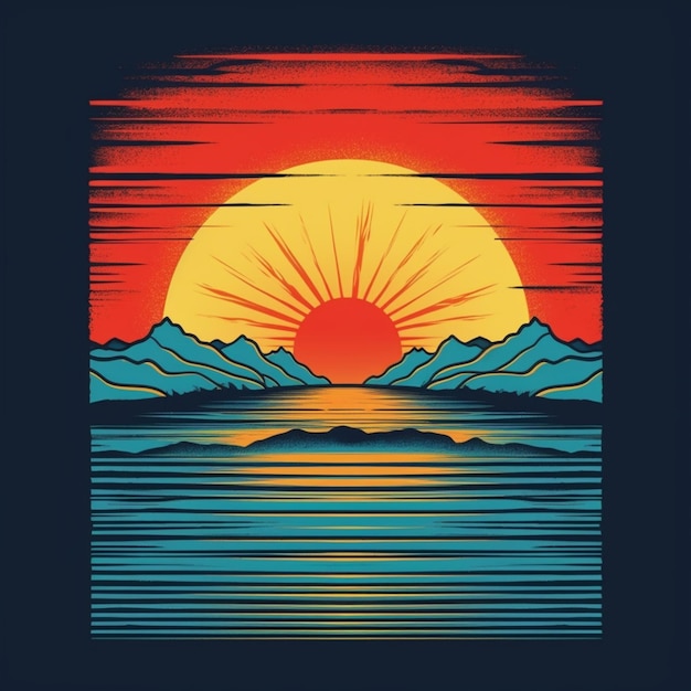 Cyfrowa grafika przedstawiająca zachód słońca z górą w tle.