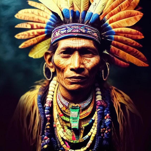Cyfrowa ilustracja 3D indyjskiego szamana ayahuasca w tradycyjnym plemiennym stroju ceremonialnym