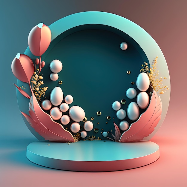 Cyfrowa ilustracja 3D przedstawiająca podium z pisankami, kwiatami i liśćmi, ozdobami do wyświetlania produktów