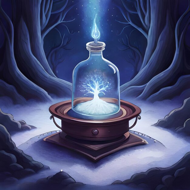 Zdjęcie cyfrowa ilustracja butelki magicznego eliksiru w ciemnym lasie fantazji