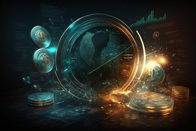 Cyfrowa ilustracja cyfrowego świata z monetami i światową walutą Generacyjna sztuczna inteligencja