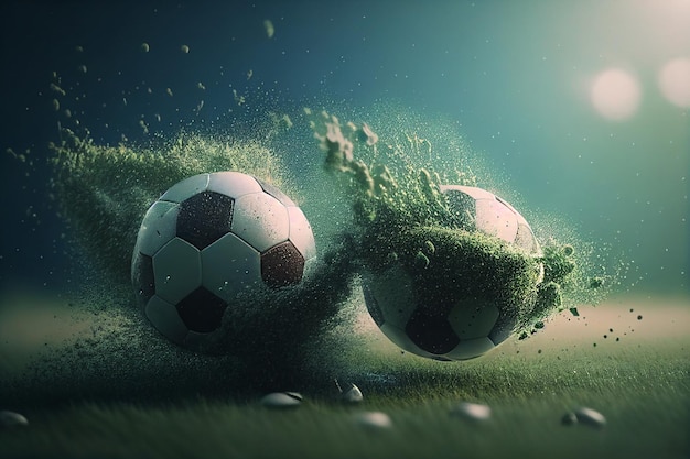 Cyfrowa ilustracja dwóch piłek nożnych z zieloną trawą i napisem soccer na dole.