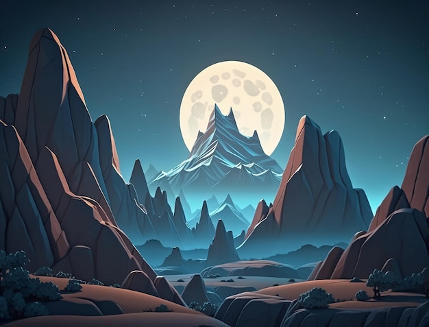 Cyfrowa ilustracja górskiego krajobrazu z księżycem w tle.