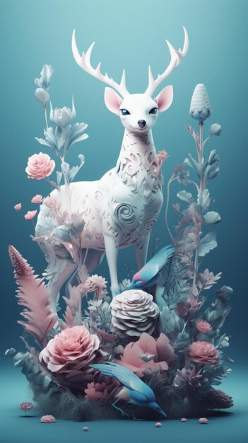 Cyfrowa ilustracja jelenia z kwiatami na spodzie.