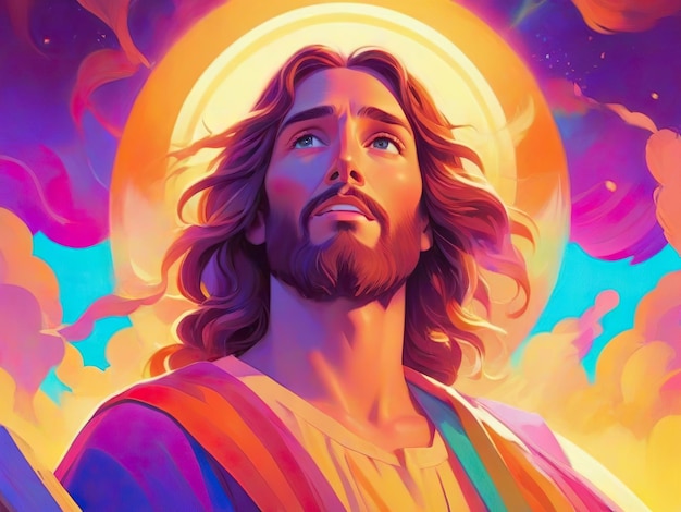 cyfrowa ilustracja Jezusa Chrystusa jest przedstawiona w żywych kolorach i stylizowanej estetyce