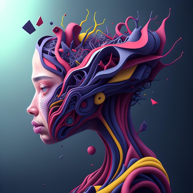 cyfrowa ilustracja kobiety z kolorowym abstrakcyjnym tłem