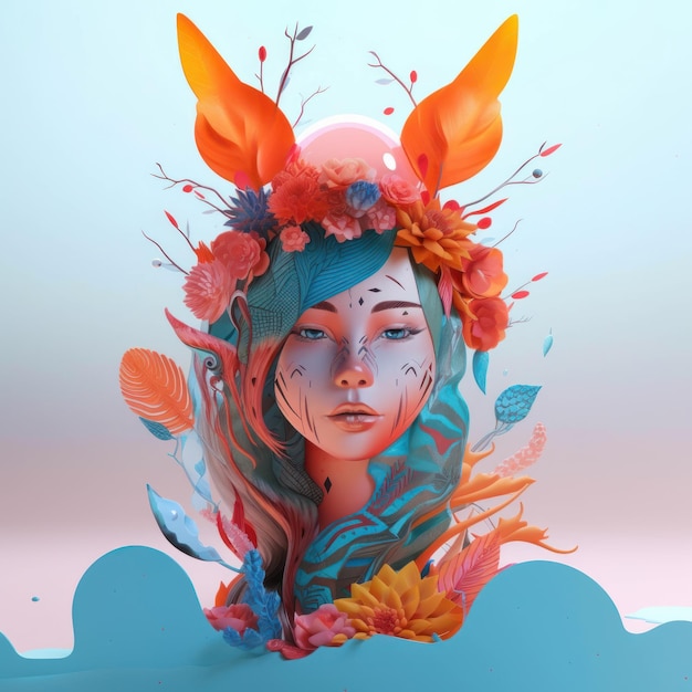 Cyfrowa ilustracja kobiety z kwiatami na głowie