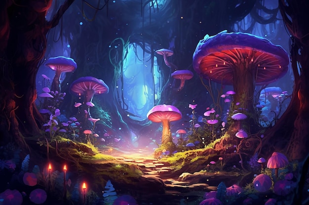 cyfrowa ilustracja magicznego lasu z świecącą AI generowaną
