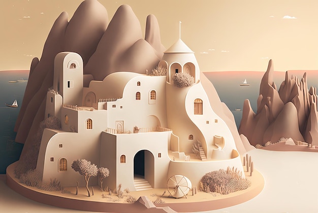 Cyfrowa ilustracja małego zamku z górami w tle.