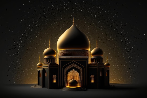 Cyfrowa ilustracja meczetu z kopułą i gwiazdami w tle.