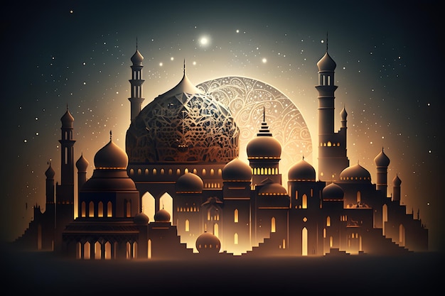 Cyfrowa ilustracja meczetu z rozgwieżdżonym niebem.