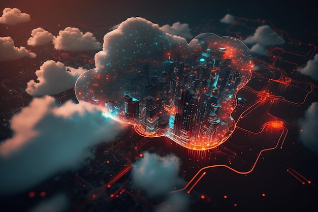 Cyfrowa ilustracja miasta z chmurą na niebie.