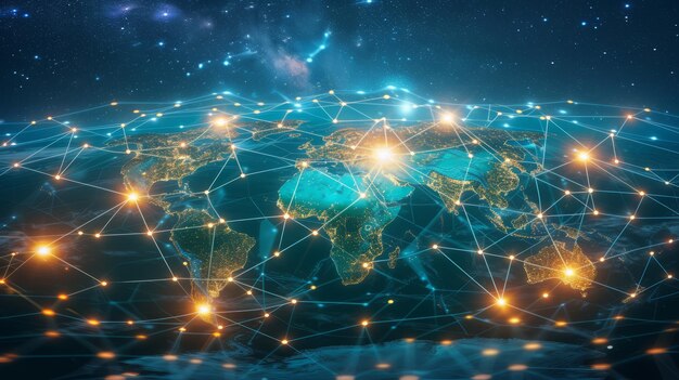 Cyfrowa ilustracja planety Ziemia z świecącymi połączeniami sieciowymi reprezentującymi globalną komunikację i technologię