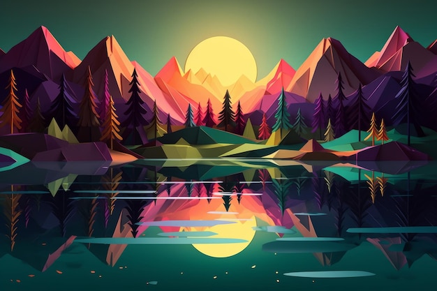 Cyfrowa ilustracja przedstawiająca góry i jezioro z pełnią księżyca.