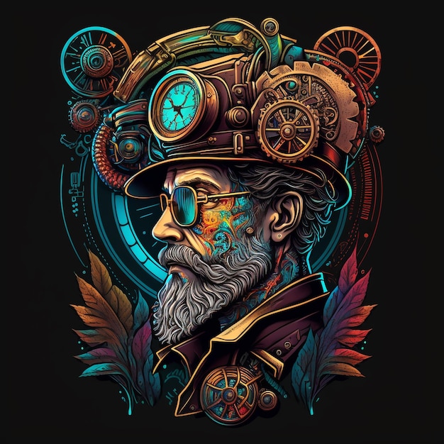 Cyfrowa ilustracja przedstawiająca mężczyznę w kapeluszu i zegarze na głowie.