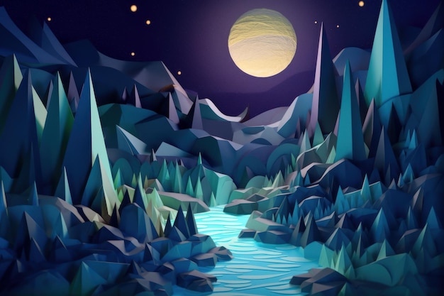 Cyfrowa ilustracja przedstawiająca nocną rzekę z księżycem w tle.