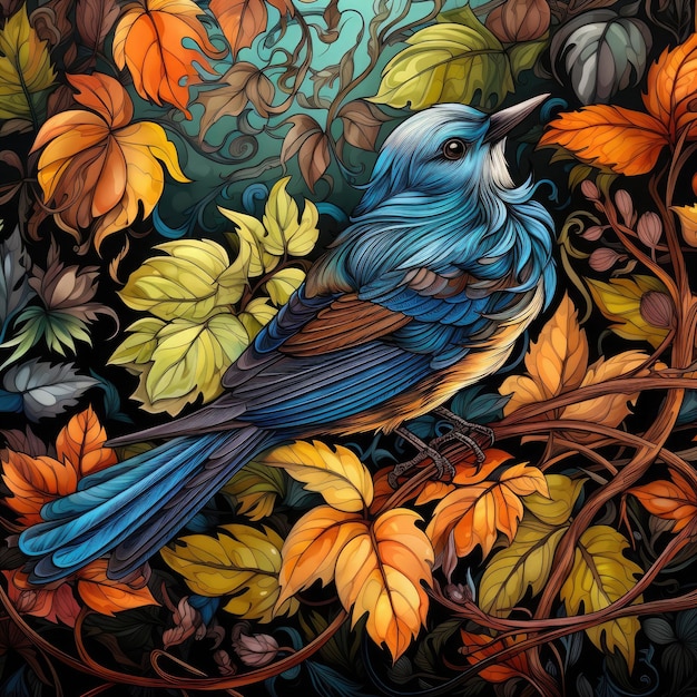 Cyfrowa ilustracja ptaka z liśćmi