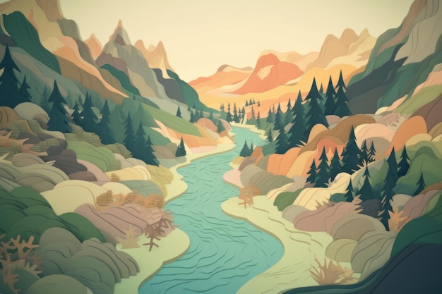 Cyfrowa ilustracja rzeki w górskim krajobrazie.