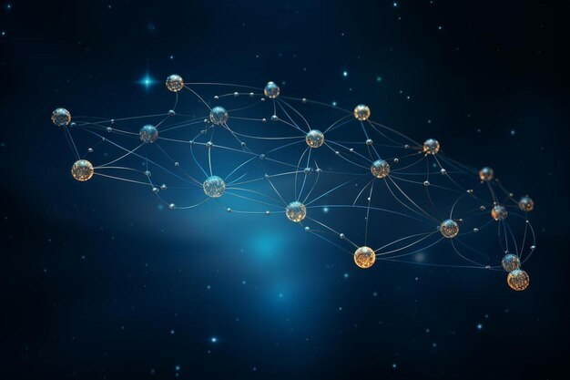cyfrowa ilustracja sieci kul i gwiazd z słowami połączonymi w środku.