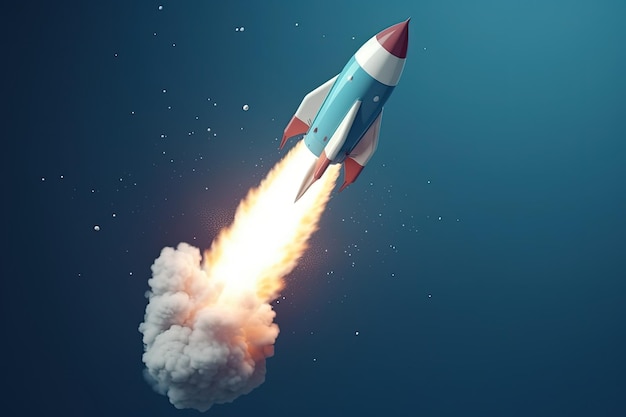 Cyfrowa ilustracja startującej rakiety uwalniającej dym na niebieskim tle Generacyjna sztuczna inteligencja