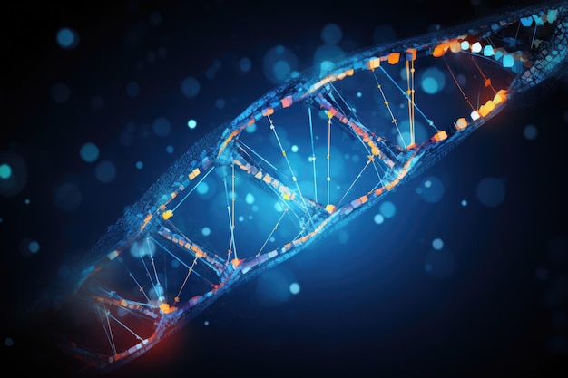 Cyfrowa ilustracja struktury DNA na ciemnym tle renderowania 3D stonowany kod obrazu genetycznego człowieka Spirala DNA wielokątna sztuczna inteligencja wygenerowana