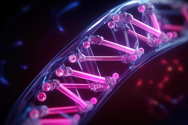 Cyfrowa ilustracja struktury DNA w kolorowym tle Renderowanie 3D Wygenerowano futurystyczną sztuczną inteligencję DNA