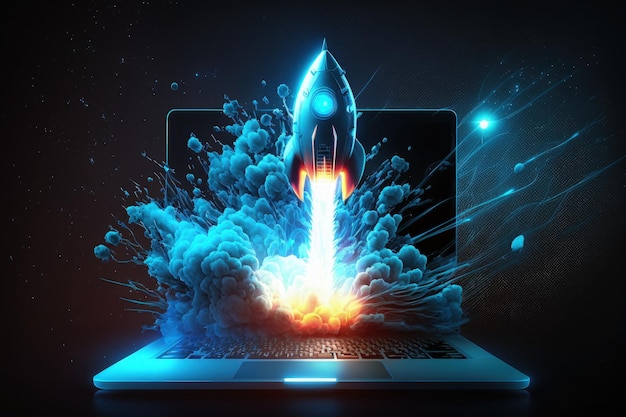Cyfrowa ilustracja tła rakiety i laptopa z niebieskim światłem neonowym Generative AI