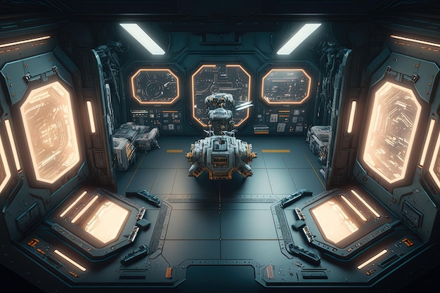 Cyfrowa ilustracja wnętrza statku kosmicznego Scifi AI