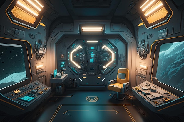 Cyfrowa ilustracja wnętrza statku kosmicznego Scifi AI
