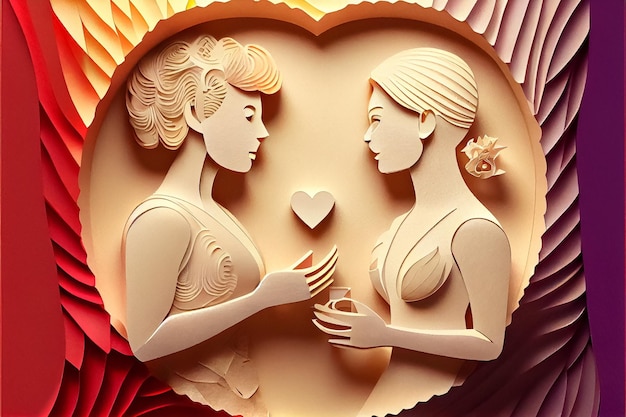 Cyfrowa ilustracja zakochanej pary lesbijek kwiatowy tło kartka pocztowa AI